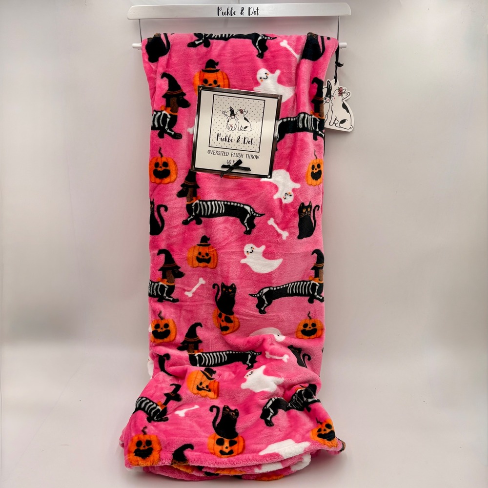 Pickle & Dot Pink Halloween Skeleton Dachshund Oversized Plush Throw Blanket
